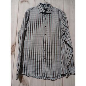 Dolce Mens Slim Fit Button Down Shirt Blue Brown Plaid Long Sleeve Large